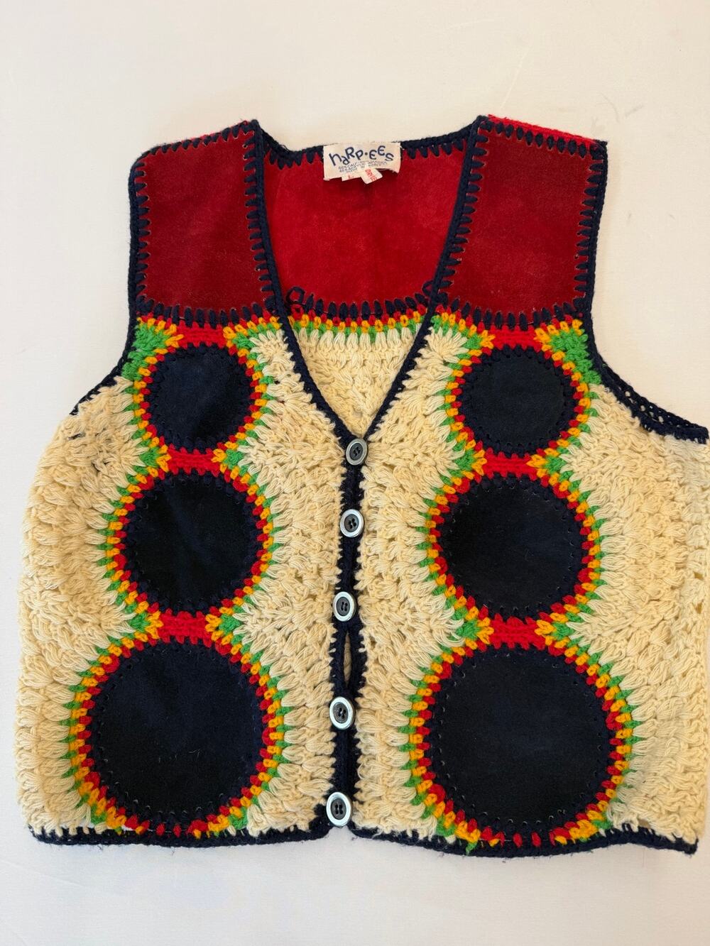70s Boho Crochet Colorblock Suede Vest Retro Hippie Patchwork Red Blue Green